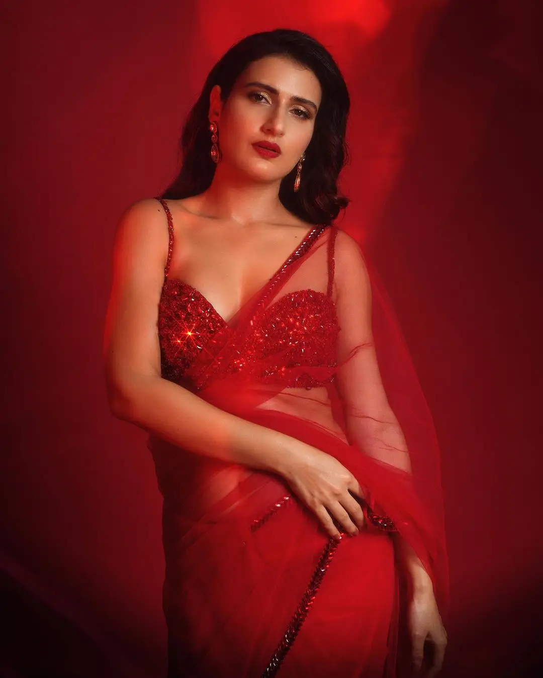 Fatima Sana Shaikh Stills in Red Saree Sleeveless Blouse